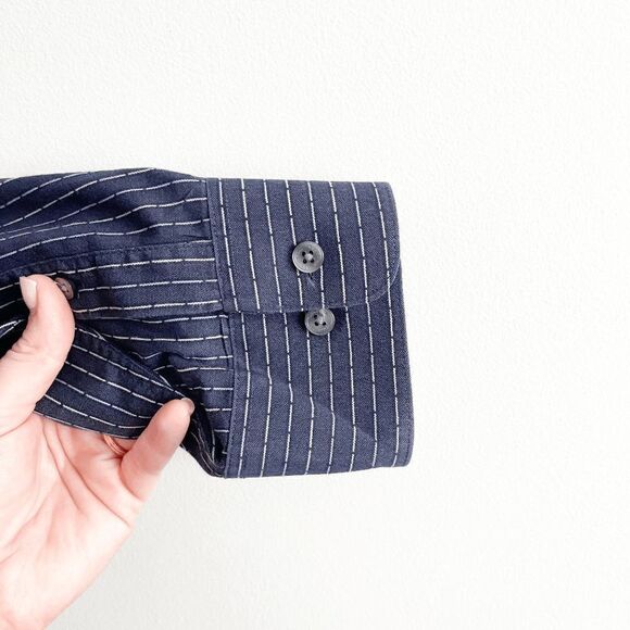 Calvin Klein Mens Dress Shirt Button Down Pinstripes Slim Fit Navy Size 17 - Picture 3 of 7